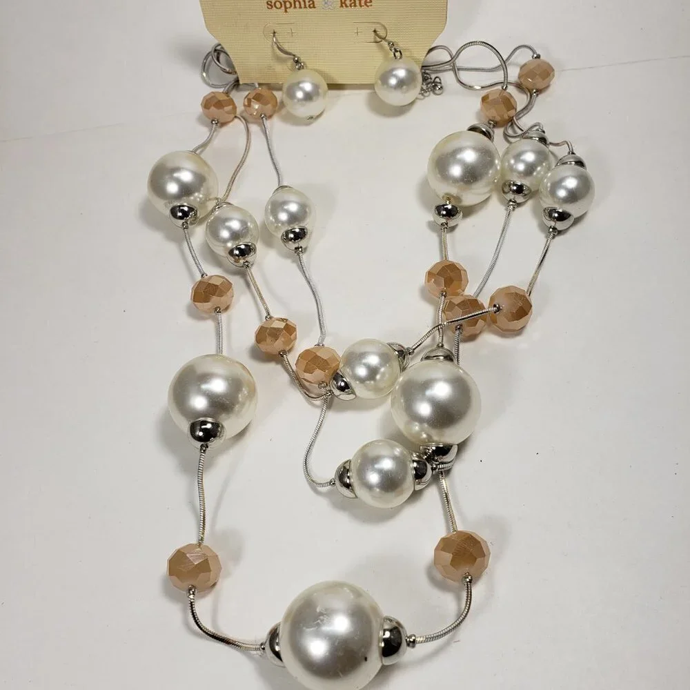 Multi Strand  Silver, Ivory & Cream color Beaded Necklace & Earrings  Jewelry